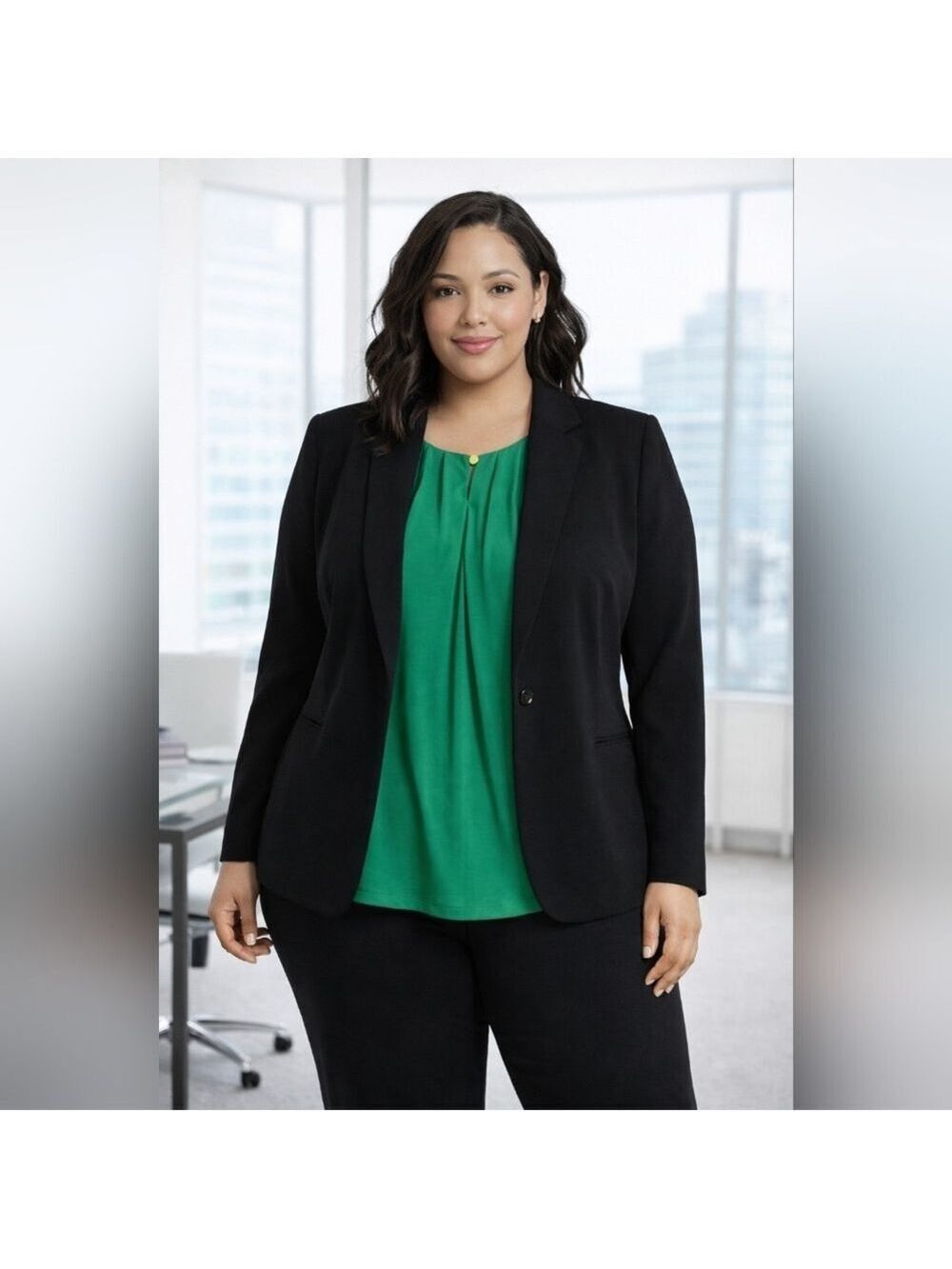 ELLE 2X Emerald Green Black Colorblock Blouse Flowy Work Top Business Casual Plu